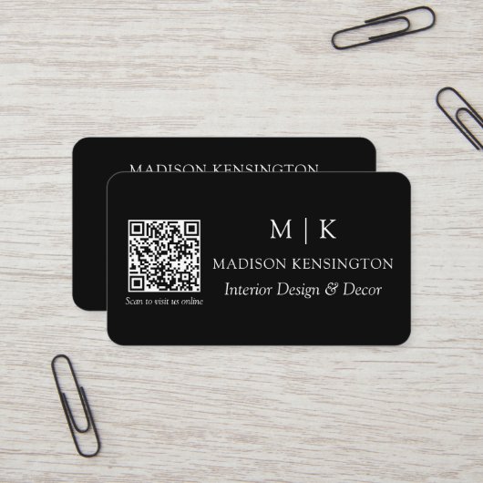 Carte De Visite Monogramme noir moderne ou ajouter un logo Code QR (Devant/Arrière en situation)
