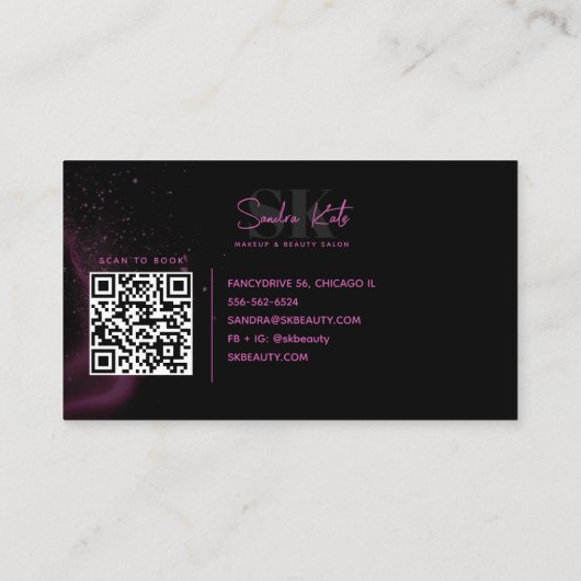 Carte De Visite Monogramme Noir Neon rose Beauté Salon Code QR (Dos)