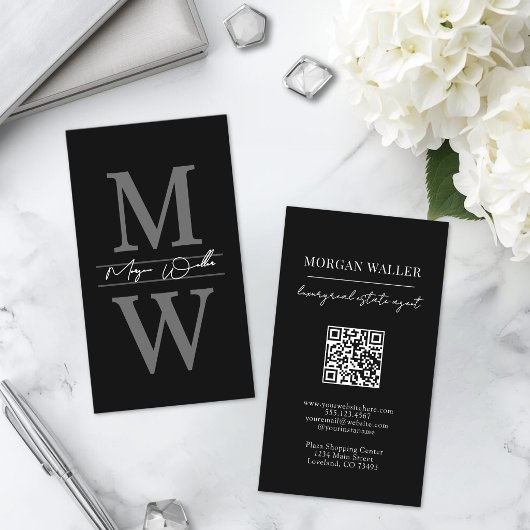 Carte De Visite Monogramme Noir Professionnel Vertical