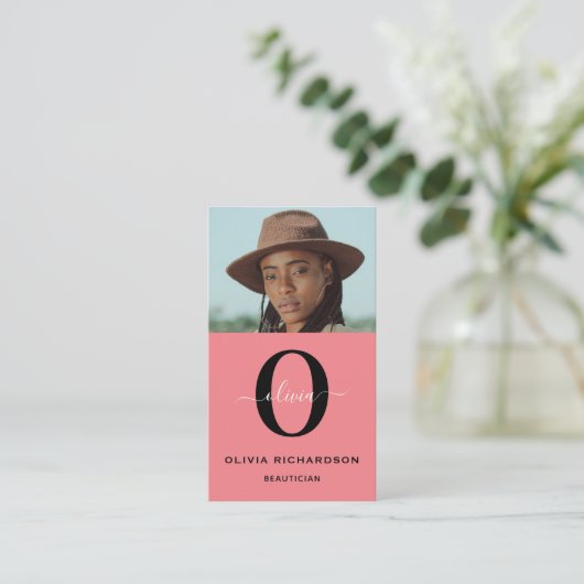 Carte De Visite Monogramme Nom de script noir blanc rose tâche ver (Debout devant)