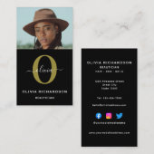 Carte De Visite Monogramme Nom du script Black White Gold Job Vert (Devant / Derrière)