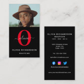 Carte De Visite Monogramme Nom du script Noir Blanc Rouge Job Vert (Devant / Derrière)