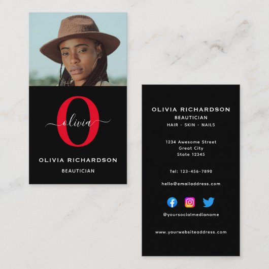 Carte De Visite Monogramme Nom du script Noir Blanc Rouge Job Vert (Devant / Derrière)