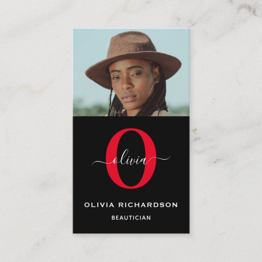 Carte De Visite Monogramme Nom du script Noir Blanc Rouge Job Vert (Devant)