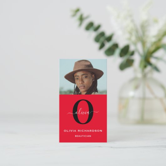 Carte De Visite Monogramme Nom du script Rouge Noir Blanc Travail (Debout devant)