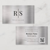 Carte De Visite Monogramme & Nom Élégants, Code QR, Argent Brossé (Devant / Derrière)