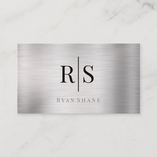 Carte De Visite Monogramme & Nom Élégants, Code QR, Argent Brossé (Devant)