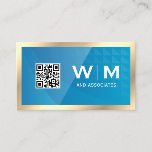 Carte De Visite Monogramme or | Code QR | Géométrique bleue (Devant)