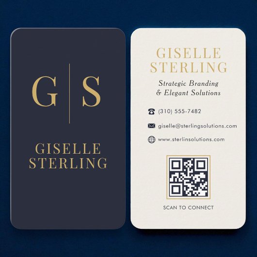 Carte De Visite Monogramme or de luxe Marine bleu QR Code