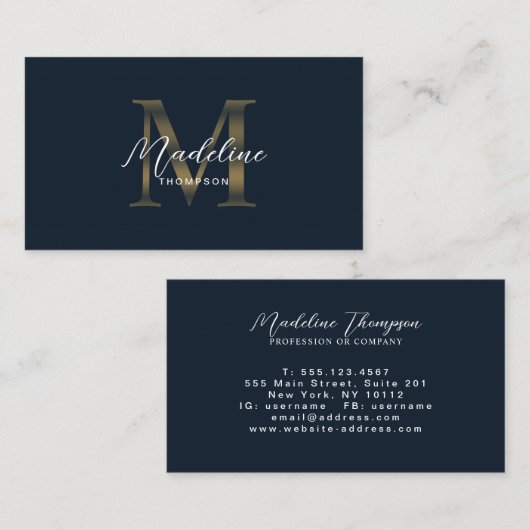 Carte De Visite Monogramme Or Métallisé Bleu Marine Minimal Script (Devant / Derrière)