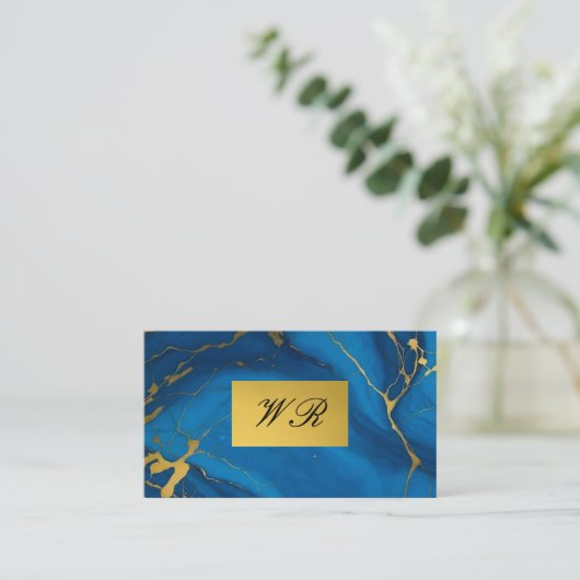 Carte De Visite Monogramme or parties scintillant bleu marbre cart (Debout devant)