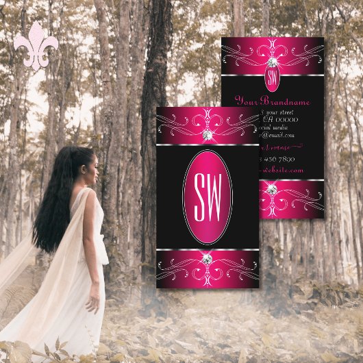 Carte De Visite Monogramme Ornements Ornés Noir Rose Chaud Luxe