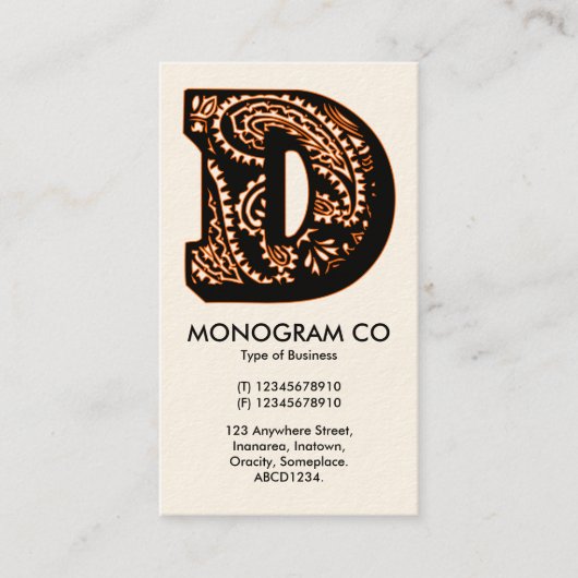 Carte De Visite Monogramme Paisley - D (Devant)