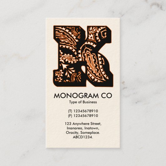 Carte De Visite Monogramme Paisley - K (Devant)
