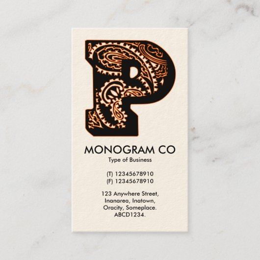 Carte De Visite Monogramme Paisley - P (Devant)