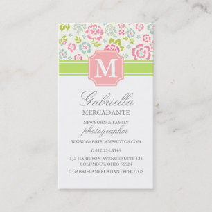 Carte De Visite Monogramme personnalisé Girl Spring Floral Chevro