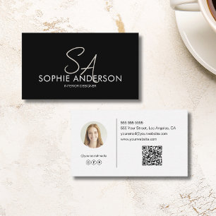 Carte De Visite Monogramme personnalisé Photo QR Noir Blanc Profes
