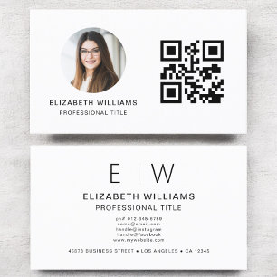 Carte De Visite Monogramme photo de code QR blanc minimaliste