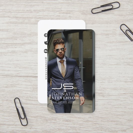 Carte De Visite Monogramme photo noir et blanc professionnel moder (Devant/Arrière en situation)