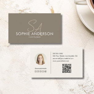 Carte De Visite Monogramme photo QR taupe élégant moderne