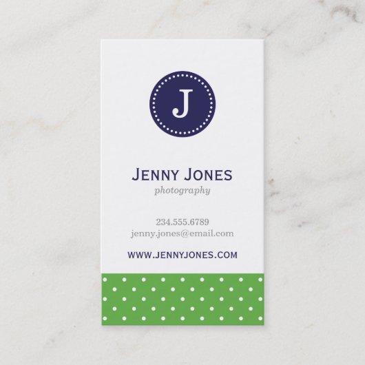 Carte De Visite Monogramme Pois bleu vert et marine (Devant)