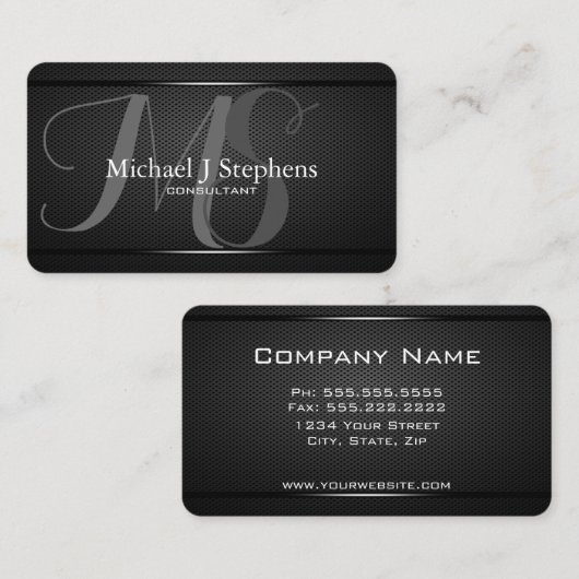 Carte De Visite Monogramme professionnel Black Metal texturé (Devant / Derrière)
