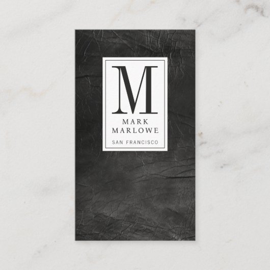 Carte De Visite Monogramme professionnel en cuir noir détendu (Devant)