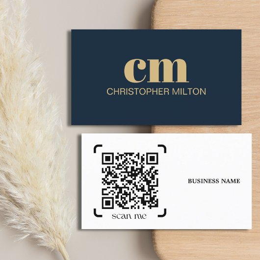 Carte De Visite Monogramme QR code gras moderne Consultant Bleu Ma