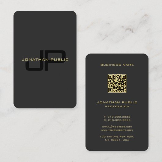 Carte De Visite Monogramme QR Code Modèle Noir Et Or Européen (Devant / Derrière)