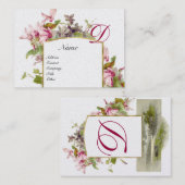 Carte De Visite MONOGRAMME ROMANTIQUE, Cyclamens platine vert rose (Devant / Derrière)