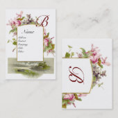 Carte De Visite MONOGRAMME ROMANTIQUE, Cyclamens vert rose blanc (Devant / Derrière)