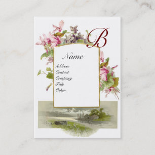 Carte De Visite MONOGRAMME ROMANTIQUE, Cyclamens vert rose blanc