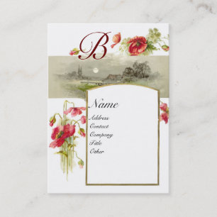 Carte De Visite MONOGRAMME ROMANTIQUE, POPIES rouge vert blanc