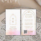Carte De Visite Monogramme rose céleste Yoga Instructeur QR Code