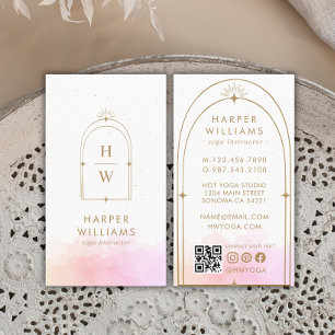 Carte De Visite Monogramme rose céleste Yoga Instructeur QR Code