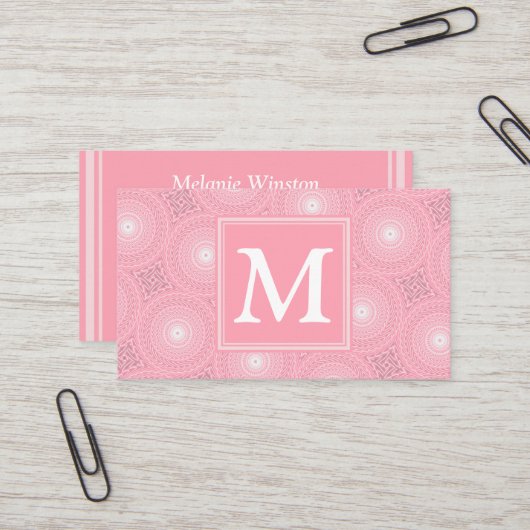 Carte De Visite Monogramme rose cercles motif (Devant/Arrière en situation)