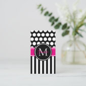 Carte De Visite Monogramme Rose Chaud Rayure Noir Blanc (Debout devant)