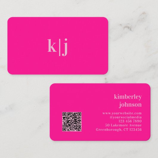 Carte De Visite Monogramme Rose Clair Simple Code QR Moderne (Devant / Derrière)