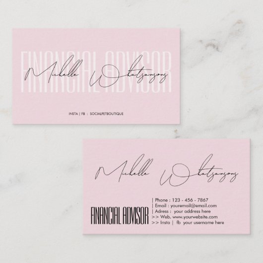 Carte De Visite Monogramme rose CONSEILLER FINANCIER écriture mode (Devant / Derrière)