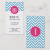 Carte De Visite Monogramme rose magenta avec Chevron bleu-clair (Devant / Derrière)
