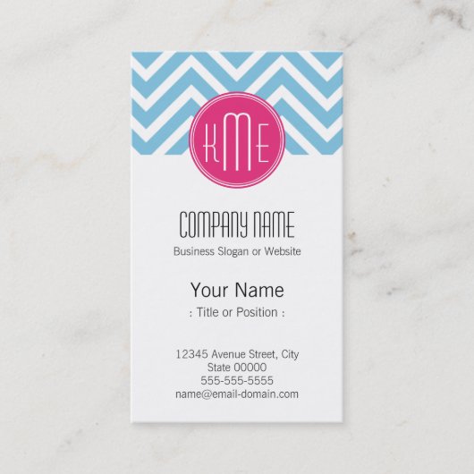 Carte De Visite Monogramme rose magenta avec Chevron bleu-clair (Devant)