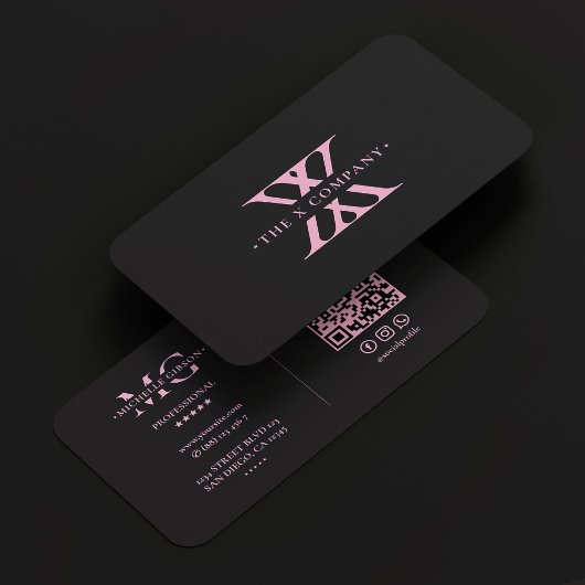 Carte De Visite Monogramme rose noir simple esthétique X