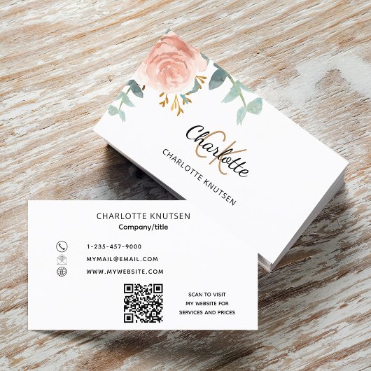 Carte De Visite monogramme rose or floral code Qr