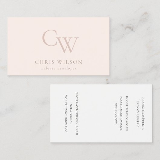 Carte De Visite Monogramme rose pâle simple minimal initial (Devant / Derrière)