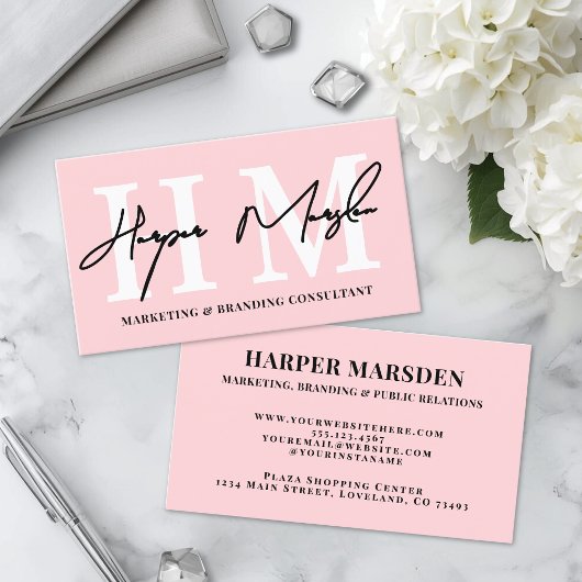 Carte De Visite Monogramme Rose Pâle Simple Professionnel