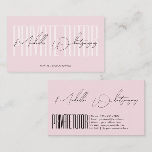 Carte De Visite Monogramme rose PROFESSEUR PARTICULIER écriture mo (Devant / Derrière)