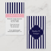 Carte De Visite Monogramme Rose Rayure Bleu Marine Blanc Nom (Devant / Derrière)