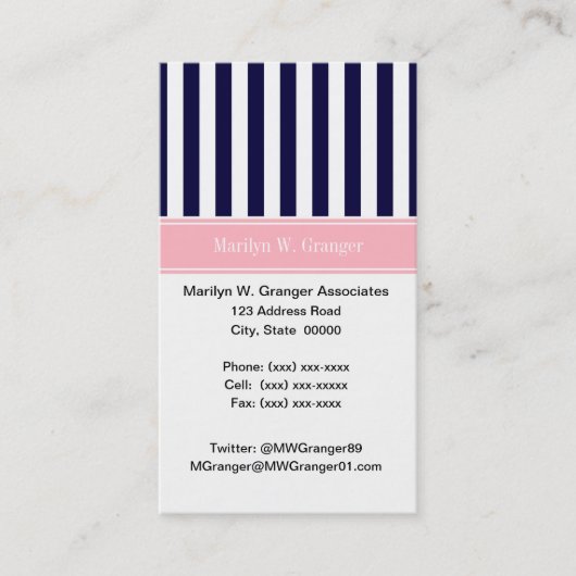 Carte De Visite Monogramme Rose Rayure Bleu Marine Blanc Nom (Devant)