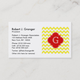 Carte De Visite Monogramme rouge blanc jaune de Chevron Quatrefoil