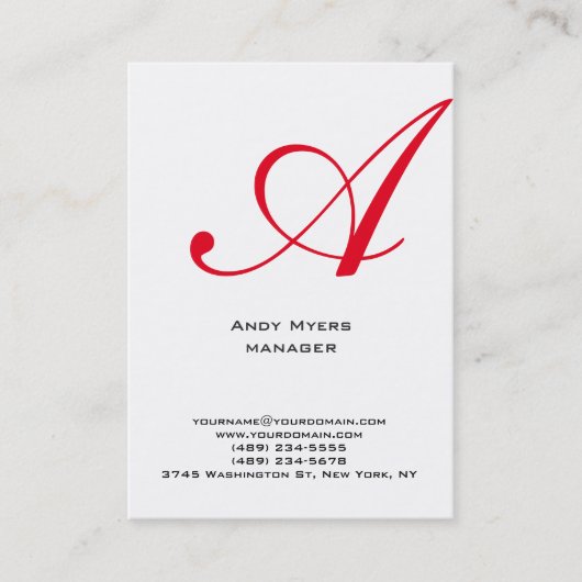 Carte De Visite Monogramme rouge blanc simple vertical (Devant)